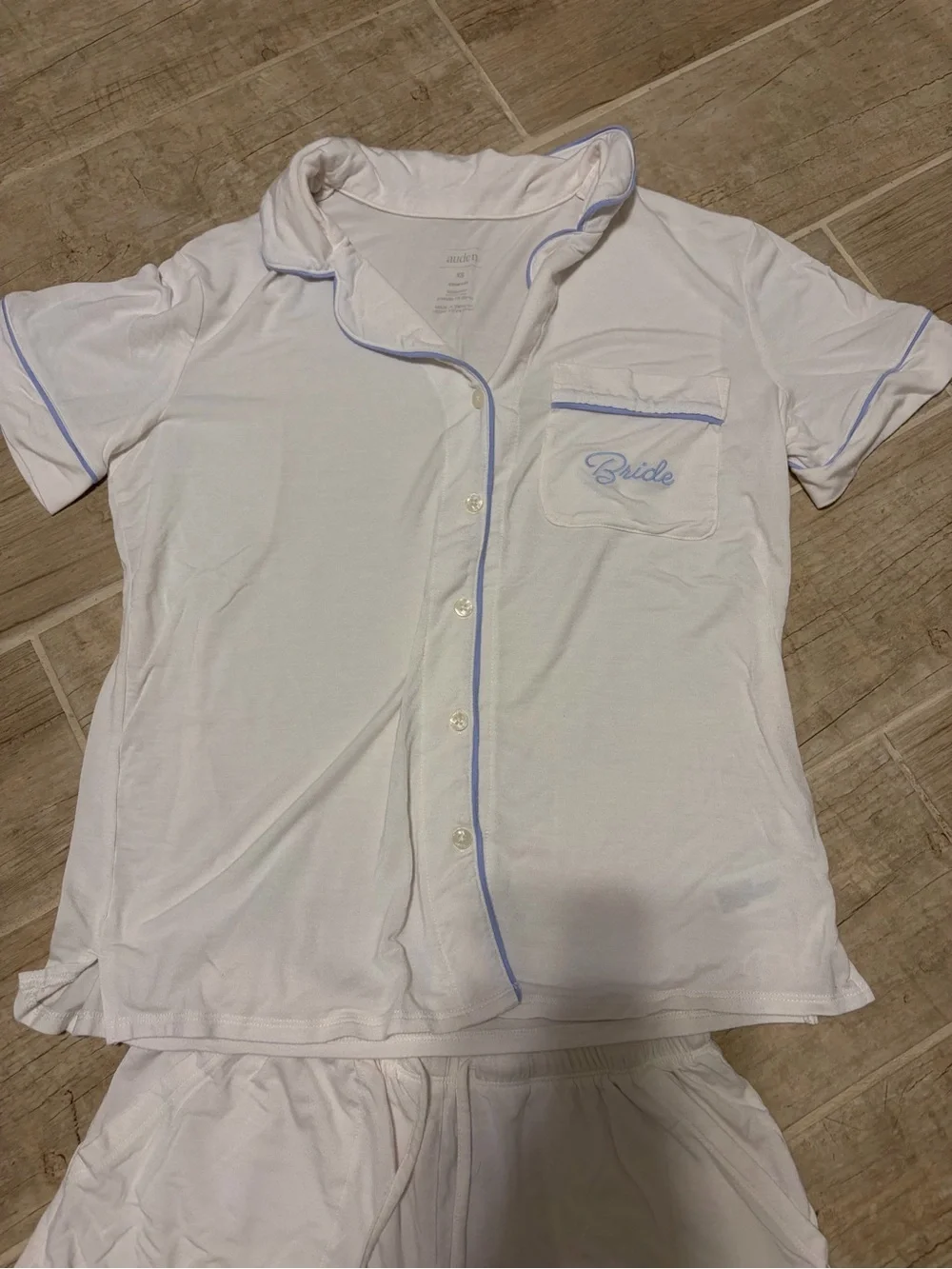 Auden White Short-Sleeve Pajama Set with Light Blue Trim Bride